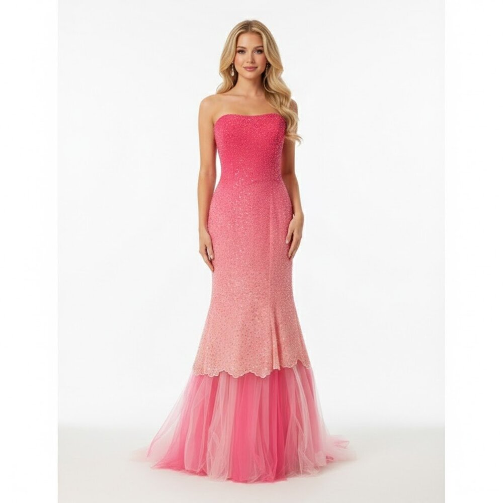 Beaded Strapless Pink Ombre Prom Dress